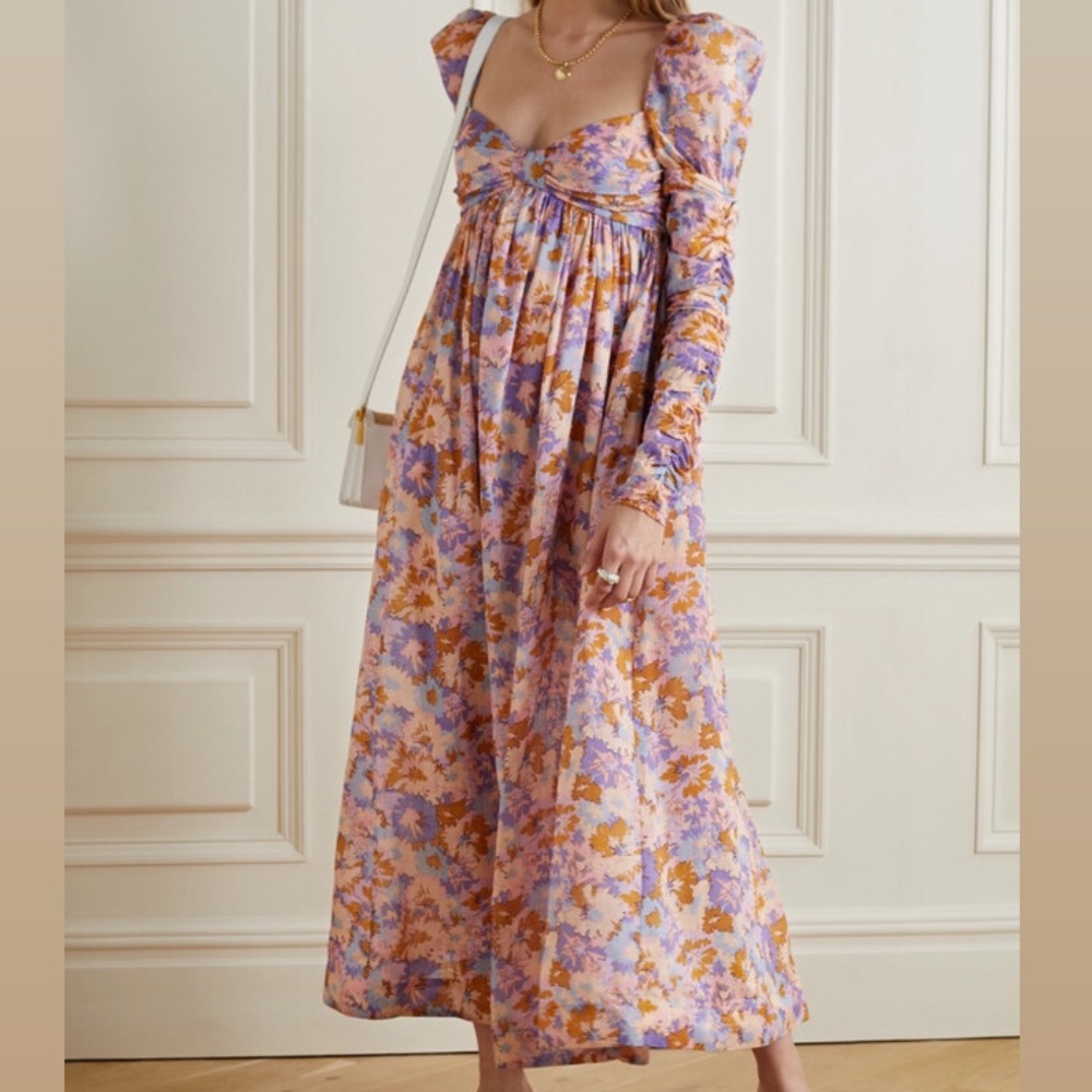 NWT Zimmermann Gathered Floral- Print Cotton-Gauze Midi Dress